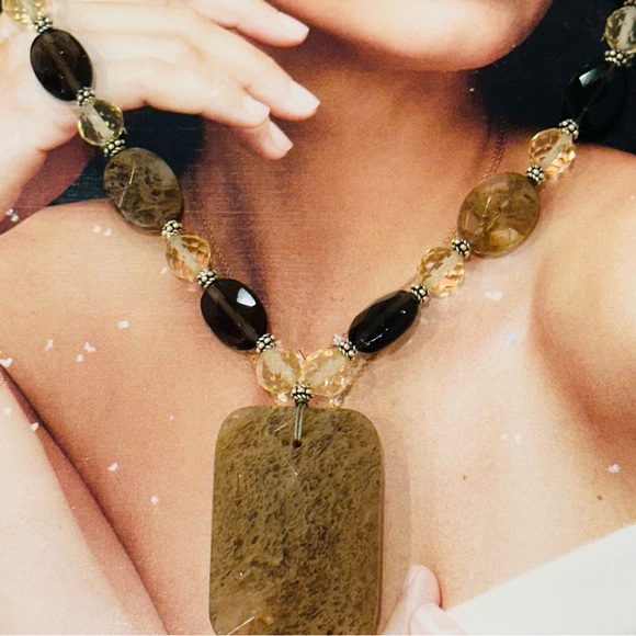 Elegant Brown Stone Pendant Beaded Necklace with Sterling Silver Accents - Picture 2 of 7